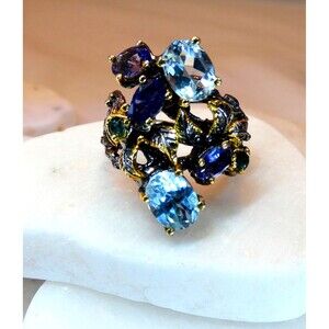 Stunning Blue Topaz- Iolite Sterling Silver Ring Botanical Vines Size 8 Cocktail